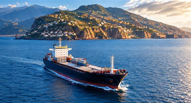 Cargo ship sailing off the coast of Madeira